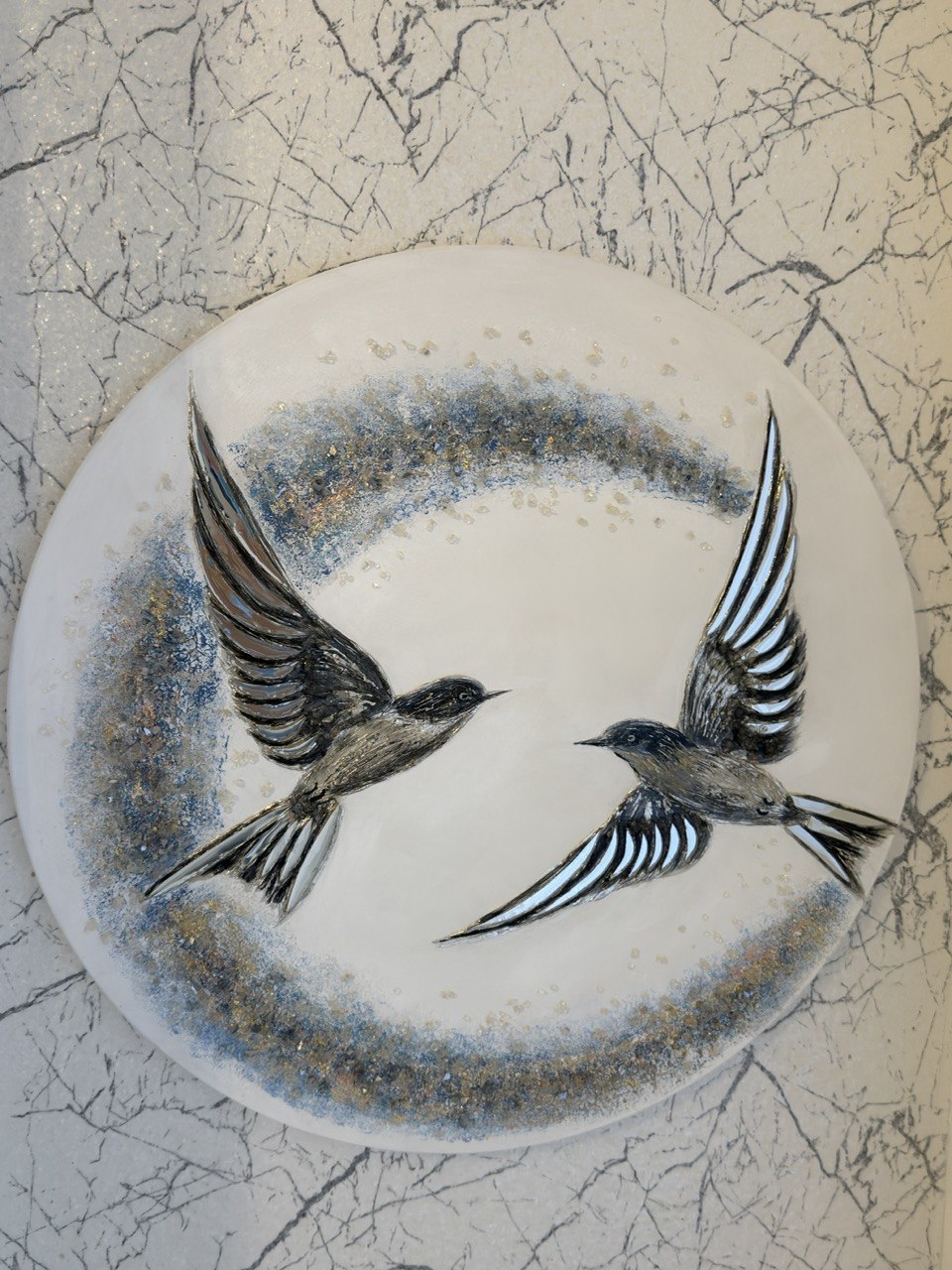 Crosswind, original round painting of two birds with hand-cut mirror and rock crystals