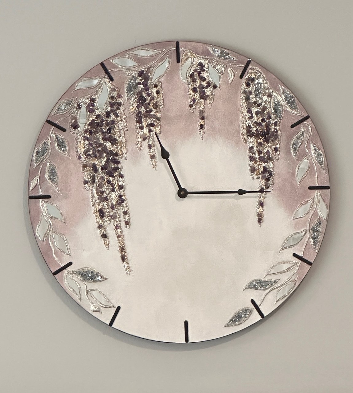 Wisteria Hour, original wall clock with hand-cut mirror and amethyst