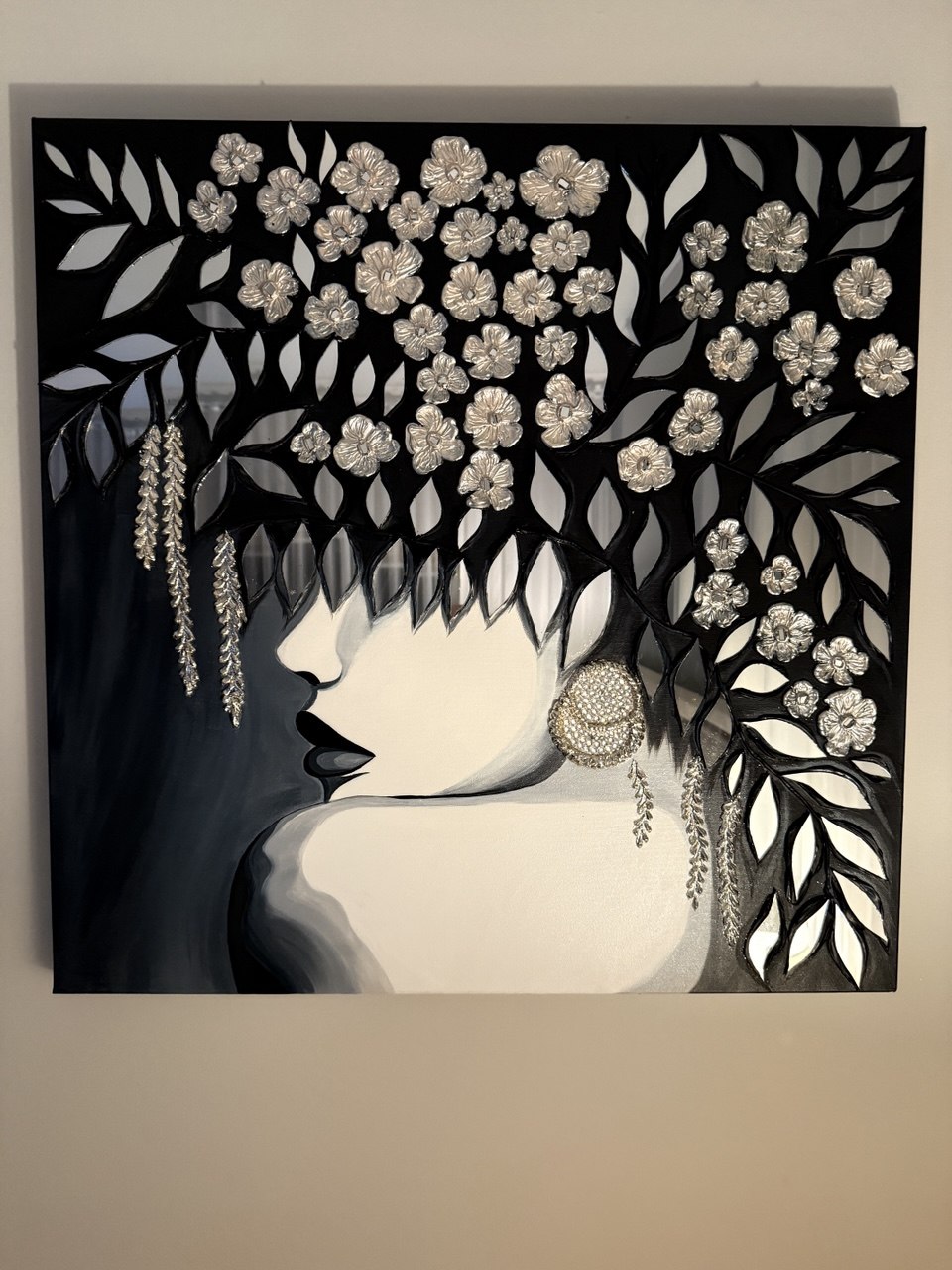 Reverie, original portrait with hand-cut mirror and mosaic